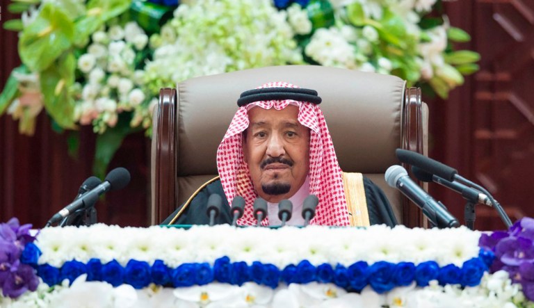 In this photo provided by the Saudi Press Agency, SPA, Saudi King Salman gives his annual policy speech in the ornate hall of the consultative Shura Council, Monday, Nov. 19, 2018, Riyadh, Saudi Arabia.