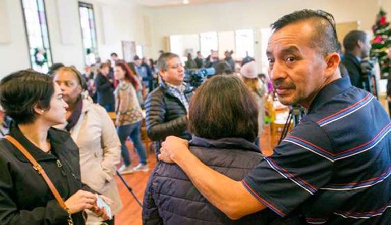 In this Dec. 13, 2017, photo, Samuel Oliver-Bruno glances back before preparing for interviews after the press conference held at CityWell United Methodist Church in Durham, N.C.