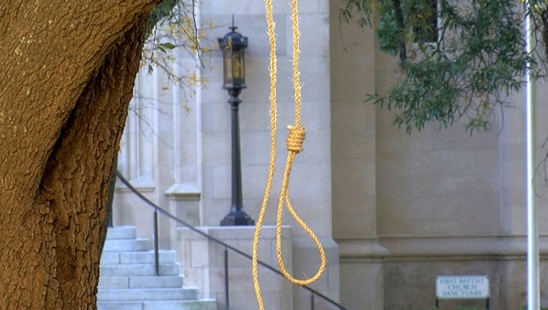 In this photo provided by WLBT-TV a noose hangs on a tree on the state capitol grounds in Jackson, Miss.