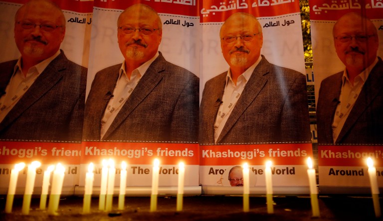 FILE - In this Oct. 25, 2018, file photo, candles lit by activists protesting the killing of Saudi journalist Jamal Khashoggi are placed outside Saudi Arabia's Consulate in Istanbul. Turkish President Recep Tayyip Erdogan has criticized Saudi Crown Prince Mohammed bin Salman over the killing. Both leaders are expected to attend the upcoming G20 summit in Buenos Aires.