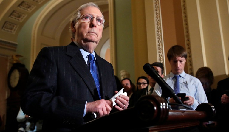 Senate Majority Leader Mitch McConnell, R-Ky., listens to a question about Sen. Cindy Hyde-Smith, R-Miss., as he speaks to the media after a Republican policy luncheon, Tuesday, Nov. 27, 2018, on Capitol Hill in Washington.
