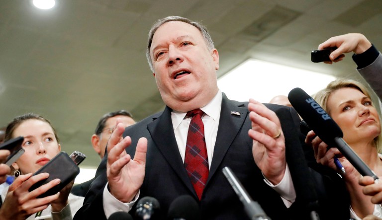 Secretary of State Mike Pompeo speaks to members of the media after a closed door meeting with Senators about Saudi Arabia at the Capitol in Washington, Wednesday, Nov. 28, 2018. 