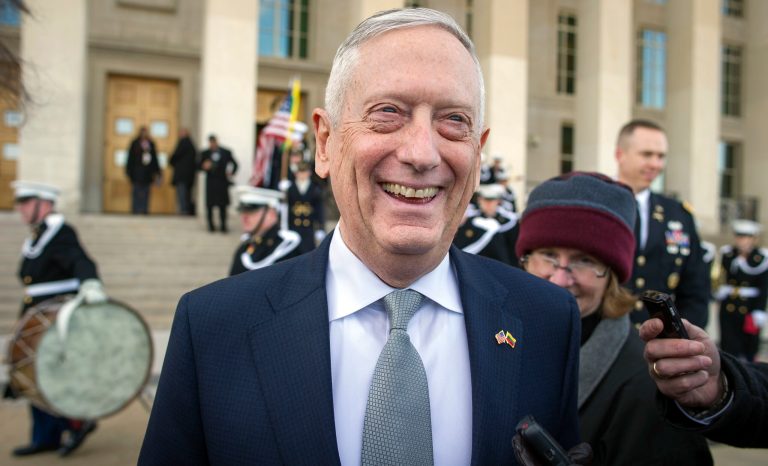 Secretary of Defense Jim Mattis speaks with reporters before welcoming Lithuanian Minister of National Defense Raimundas Karoblis to the Pentagon in Washington, Wednesday, Nov. 28, 2018. 