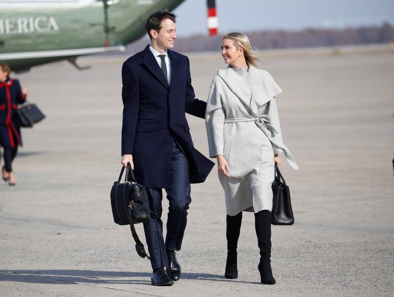 White House Senior Adviser Jared Kushner, left and Ivanka Trump, right, the daughter and assistant to President Donald Trump, walk across the tarmac before boarding Air Force One, Thursday, Nov. 29, 2018 at Andrews Air Force Base, Md. 