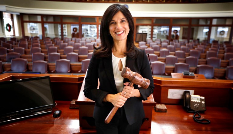 Maine House Speaker Sara Gideon, D-Freeport, poses in the House Chamber at the State House. 