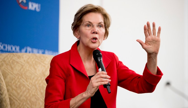 Sen. Elizabeth Warren, D-Mass., answers a question from the audience at the American University Washington College of Law in Washington, Thursday, Nov. 29, 2018, after delivering a speech on her foreign policy vision for the country.