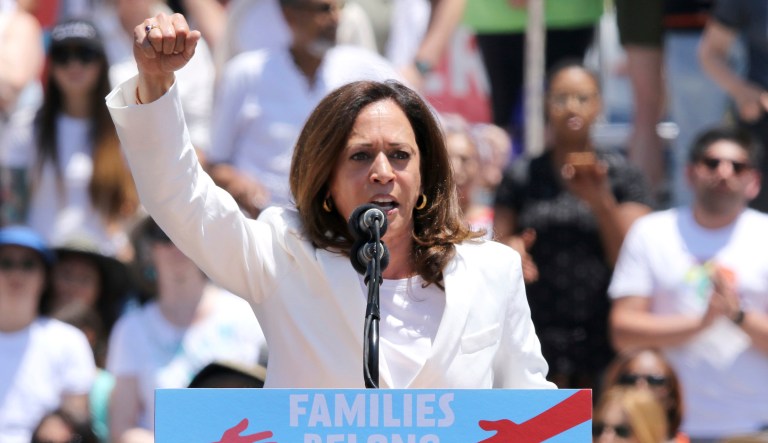 In this June 30, 2018, file photo, U.S. Sen. Kamala Harris, D-Calif., speaks at the "Families Belong Together: Freedom for Immigrants" March in Los Angeles.