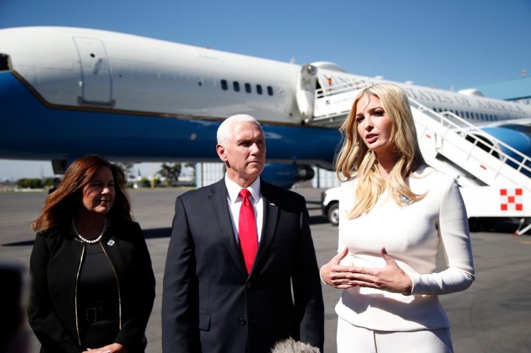 Backdropped by Air Force Two, Ivanka Trump, the daughter and assistant to President Trump, speaks to the press standing next to Vice President Mike Pence, and his wife Karen, on an airport tarmac in Mexico City, Saturday, Dec. 1, 2018.