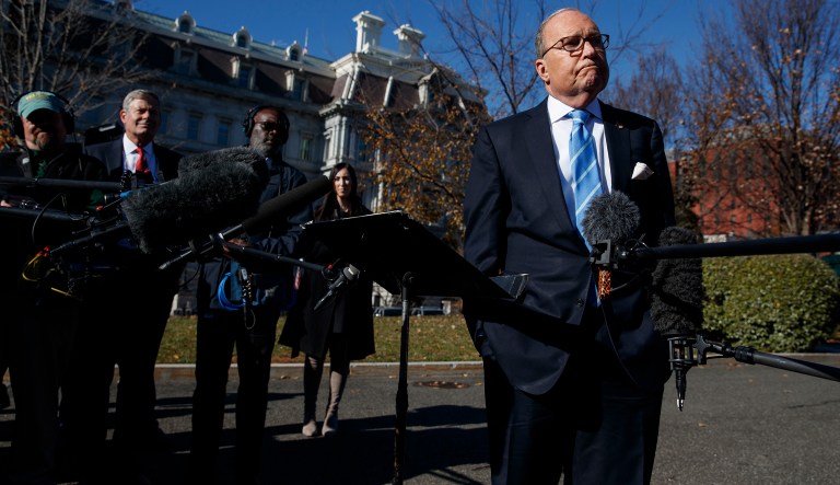 White House chief economic adviser Larry Kudlow talks with reporters about trade negotiations with China, at the White House, Monday, Dec. 3, 2018, in Washington.