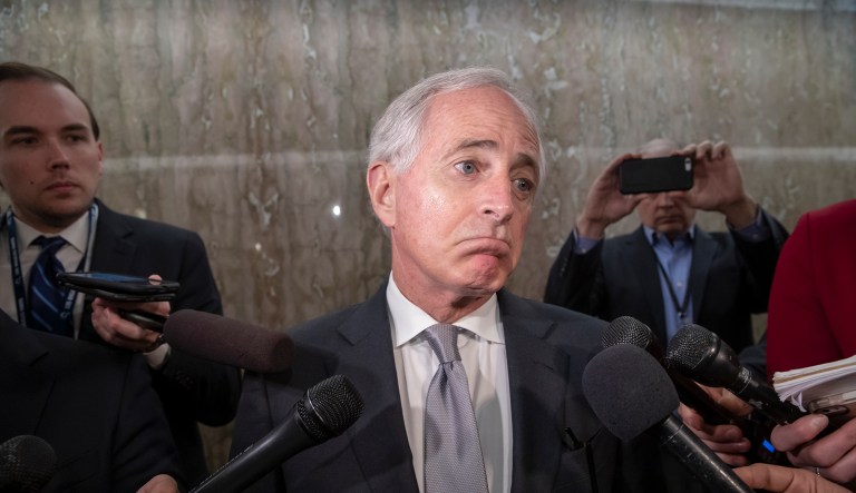 Senate Foreign Relations Committee Chairman Bob Corker, R-Tenn., tells reporters that senators are considering multiple pieces of legislation in an effort to formally rebuke Saudi Arabia for the slaying of journalist Jamal Khashoggi, on Capitol Hill in Washington, Thursday, Dec. 6, 2018.  