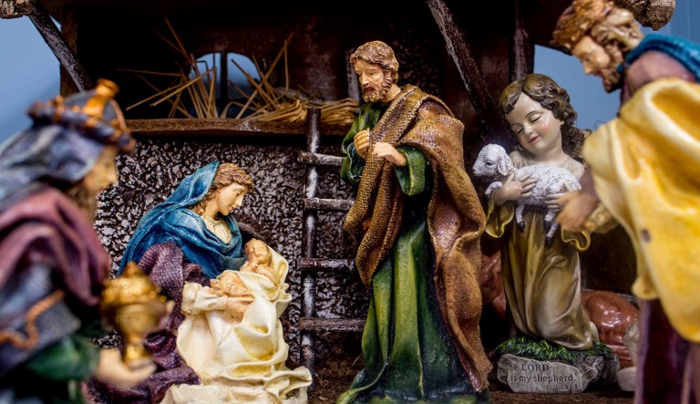 A creche is displayed at Holy Faith Church in Saline, Michigan.