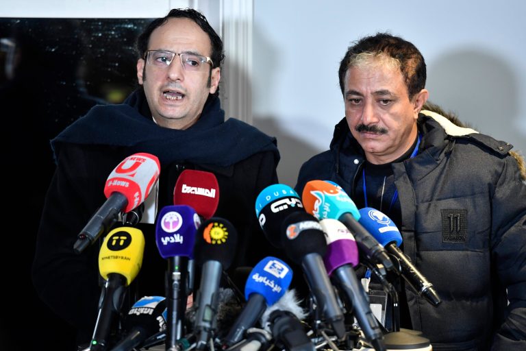Abdul Malik al-Hajry and Abdul Majid Hanash, representatives for the Huthi rebel delegation, speaks at a press briefing during the ongoing peace talks on Yemen held at Johannesberg Castle, in Rimbo, Sweden, Saturday, Dec. 8, 2018.  Yemen's warring parties are meeting for a third day of talks in Sweden aimed at halting the country's catastrophic 4-year-old war.
