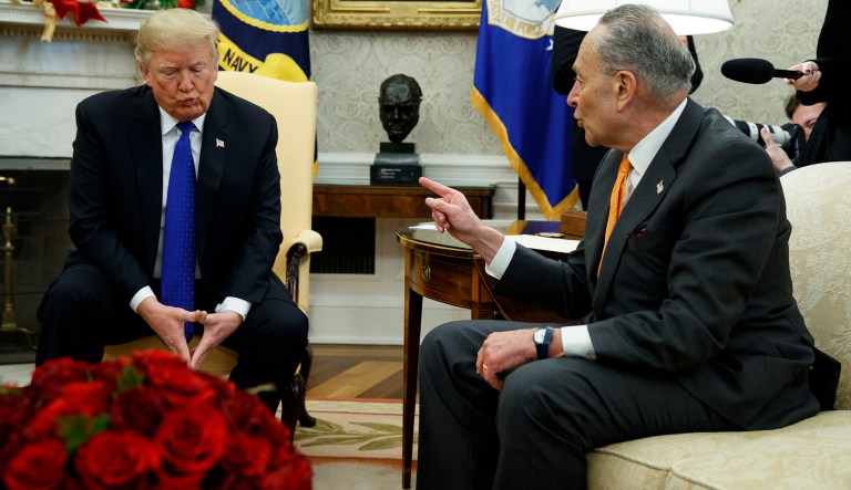 Senate Minority Leader Chuck Schumer, D-N.Y., speaks during a meeting with President Donald Trump and and House Minority Leader Rep. Nancy Pelosi, D-Calif., in the Oval Office of the White House, Tuesday, Dec. 11, 2018, in Washington. 