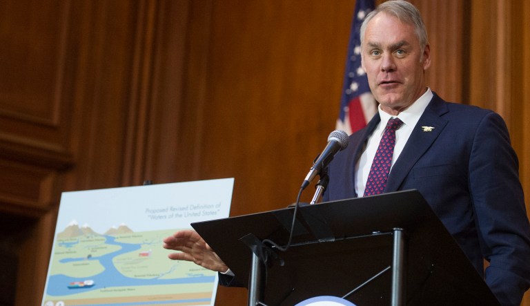 Secretary of the Interior Ryan Zinke speaks after an order withdrawing federal protections for countless waterways and wetland was signed, at EPA headquarters in Washington, Tuesday, Dec. 11, 2018.