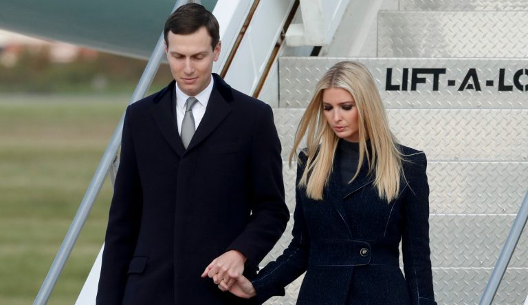 In this Oct. 30, 2018 photo, Ivanka Trump, right, departs Air Force One with Jared Kushner in Coraopolis, Pa. 