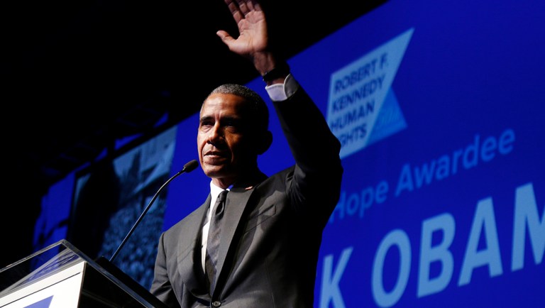 Former President Barack Obama accepts the Robert F. Kennedy Human Rights Ripple of Hope Award at a ceremony, Wednesday, Dec. 12, 2018, in New York. (AP Photo/Jason DeCrow)