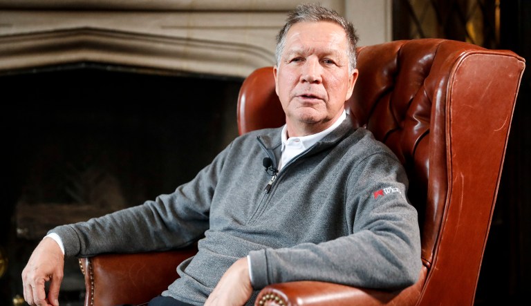 Ohio Gov. John Kasich sits for an interview with the Associated Press at the Ohio Governor's Residence and Heritage Garden, Thursday, Dec. 13, 2018, in Columbus. 