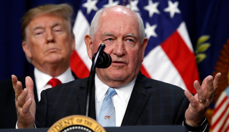 President Trump listens to Agriculture Secretary Sonny Perdue.