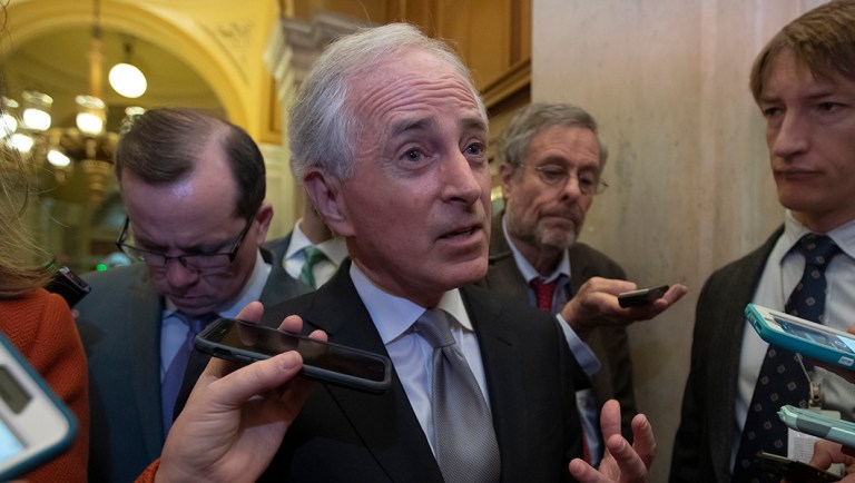 Senate Foreign Relations Committee Chairman Bob Corker, R-Tenn., speaks to reporters.