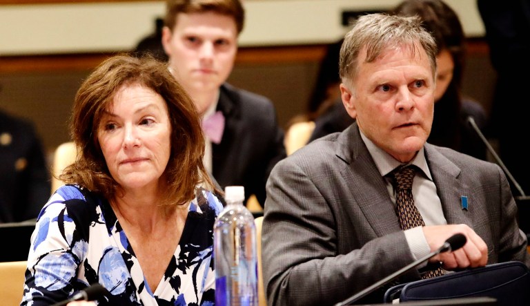 Fred Warmbier, right, and Cindy Warmbier, parents of Otto Warmbier, wait for a meeting at the United Nations headquarters.