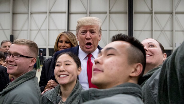 President Trump and first lady Melania Trump greet members of the military at Ramstein Air Base, Germany.