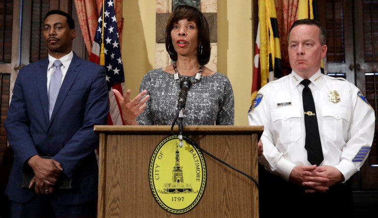 Baltimore Mayor Catherine Pugh speaks at a news conference at City Hall in Baltimore, April 4, 2017.