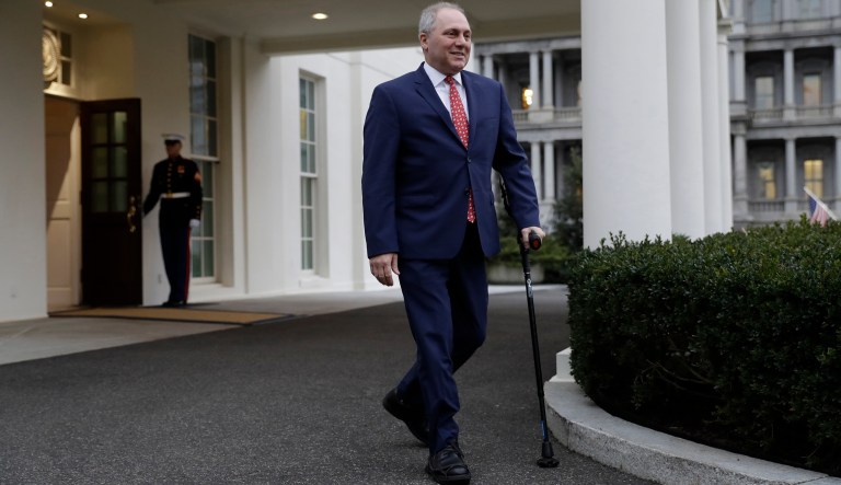 House Majority Whip Steve Scalise, R-La., walks speak with reporters after a meeting with President Donald Trump on border security at the White House, Wednesday, Jan. 2, 2019, in Washington.