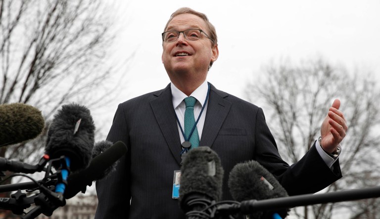 Kevin Hassett, chairman of the White House Council of Economic Advisers, speaks to reporters, Thursday Jan. 3, 2019, outside the White House in Washington.