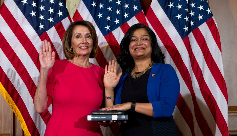 House Speaker Nancy Pelosi of Calif., administers the House oath of office to Rep. Pramila Jayapal, D-Wash., during ceremonial swearing-in on Capitol Hill in Washington, Thursday, Jan. 3, 2019, during the opening session of the 116th Congress.