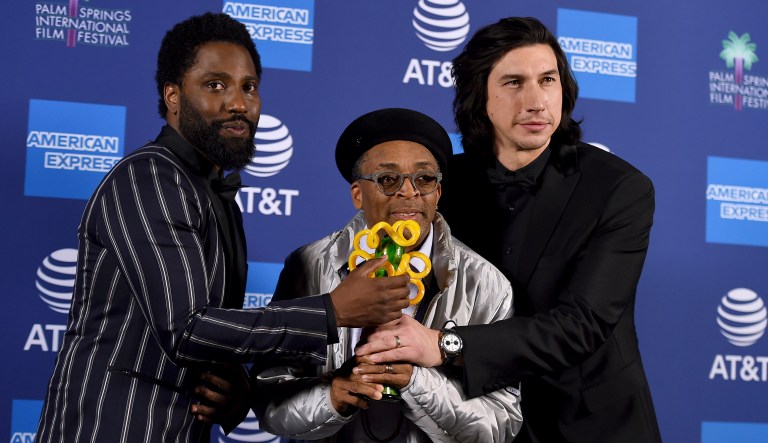 John David Washington, from left, Spike Lee, recipient of the career achievement award for "BlacKkKlansman," and Adam Driver pose in the press room at the 30th annual Palm Springs International Film Festival on Thursday, Jan. 3, 2019, in Palm Springs, Calif.