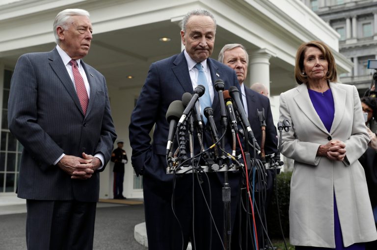 From left, House Majority Leader Steny Hoyer of Md., Senate Minority Leader Chuck Schumer of N.Y., Sen. Dick Durbin, D-Ill., and Speaker of the House Nancy Pelosi of Calif., speak to reporters after meeting with President Trump about border security in the Situation Room of the White House, Friday, Jan. 4, 2018, in Washington.