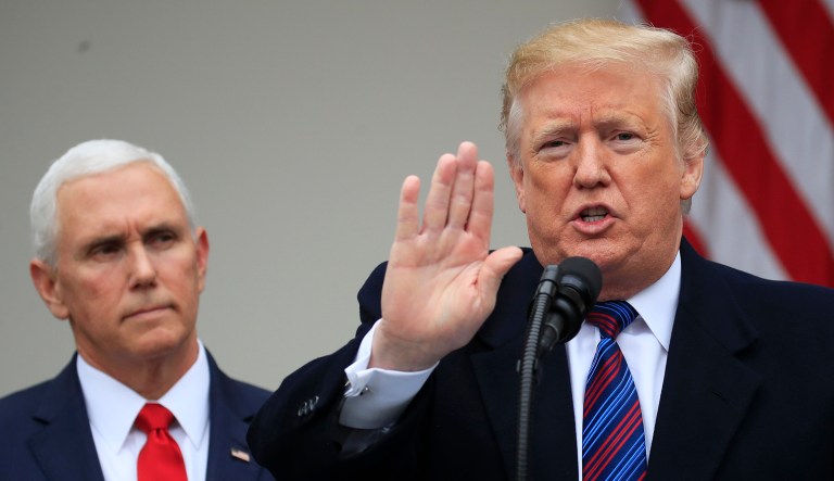 President Trump with Vice President Mike Pence speaks in the Rose Garden of the White House in D.C.