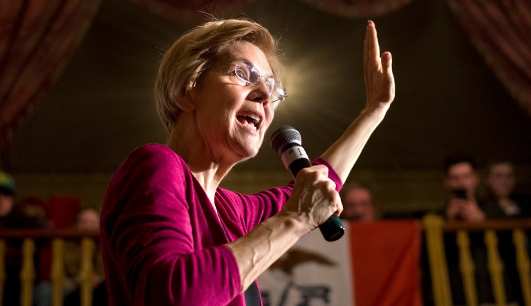Democratic Sen. Elizabeth Warren of Massachusetts speaks at a campaign event at Orpheum Theatre in Sioux City, Iowa.