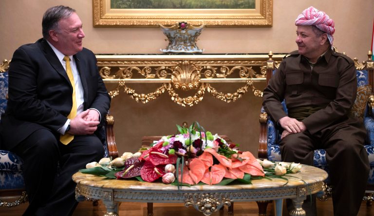 U.S. Secretary of State Mike Pompeo, left, meets with Masoud Barzani leader of the Kurdistan Democratic Party in the province's capital Irbil, Iraq, Wednesday, Jan. 9, 2019. 