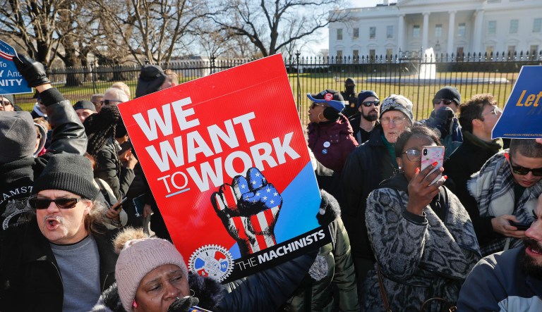 nion members and other federal employees stop in front of the White House in Washington during a rally to call for an end to the partial government shutdown, Thursday, Jan. 10, 2019.