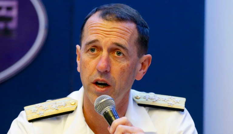 Adm. John Richardson, chief of Naval Operations of the U.S. Navy, speaks during a news conference.