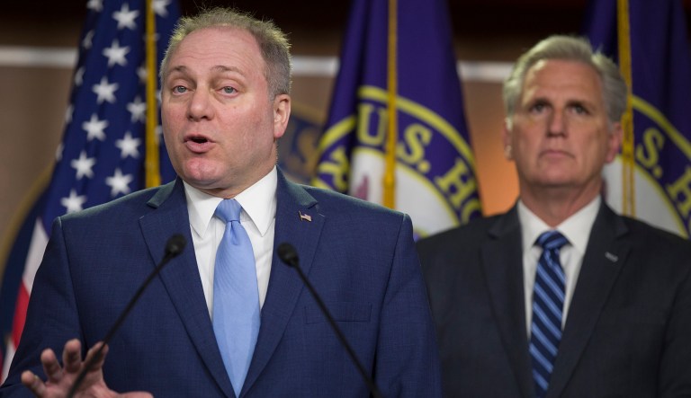House Minority Whip Steve Scalise of La., speaks accompanied by House Minority Leader Kevin McCarthy of Calif., during a news conference on Capitol Hill in Washington, D.C.