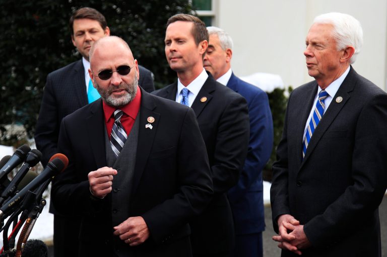 Rep. Clay Higgins, R-La., speaks to reporters outside the West Wing following a meeting with President Donald Trump about border security at the White House in Washington, Tuesday, Jan. 15, 2019. 