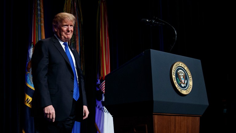 President Trump arrives to deliver remarks about American missile defense doctrine.