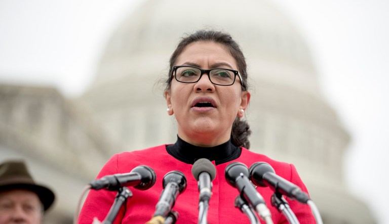 Rep. Rashida Tlaib, D-Mich., speaks at a news conference on Capitol Hill in Washington, Thursday, Jan. 17, 2019, to unveil the "Immediate Financial Relief for Federal Employees Act" bill which would give zero interest loans for up to $6,000 to employees impacted by the government shutdown and any future shutdowns. 