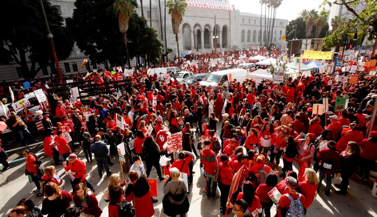Thousands of striking Los Angeles Unified teachers gather in front of Los Angeles City Hall.