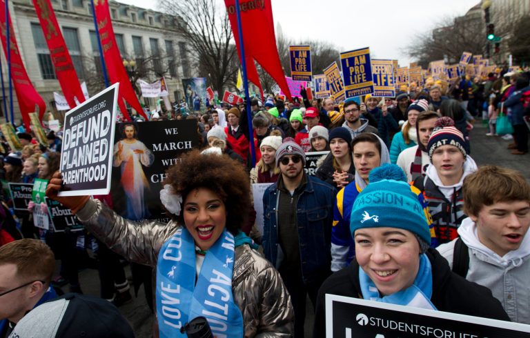 Anti-abortion activists march toward the U.S. Supreme Court during the March for Life in Washington Friday, Jan. 18, 2019.