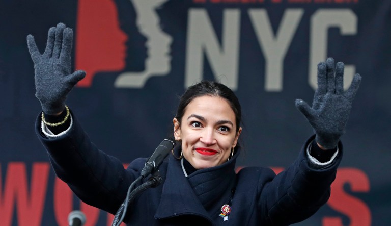 Rep. Alexandria Ocasio-Cortez, D-N.Y., waves to the crowd after speaking at Women's Unity Rally organized by Women's March NYC at Foley Square in Lower Manhattan, Saturday, Jan. 19, 2019, in New York.