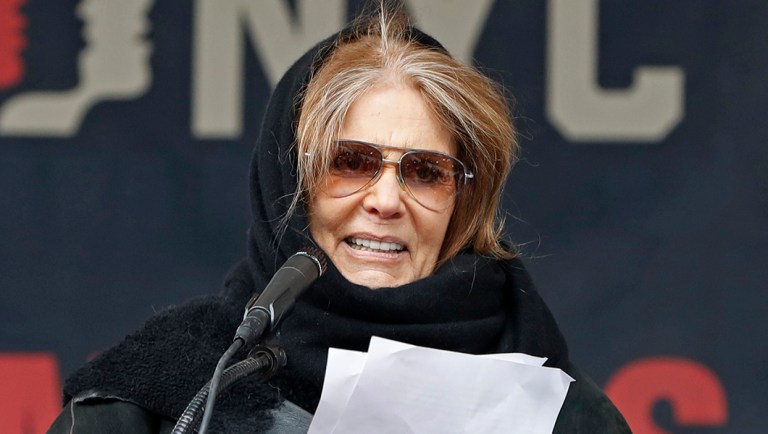 Feminist Gloria Steinem speaks at a rally organized by Women's March NYC at Foley Square in Lower Manhattan.