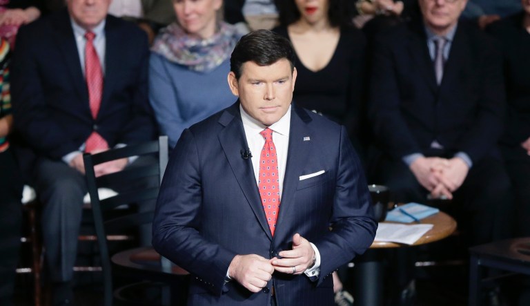 In this March 7, 2016 photo, FOX News town hall host Bret Baier talks to the crowd before the town hall with Democratic presidential candidates, Sen. Bernie Sanders, I-Vt, and Hillary Clinton at the Gem Theatre, in Detroit.