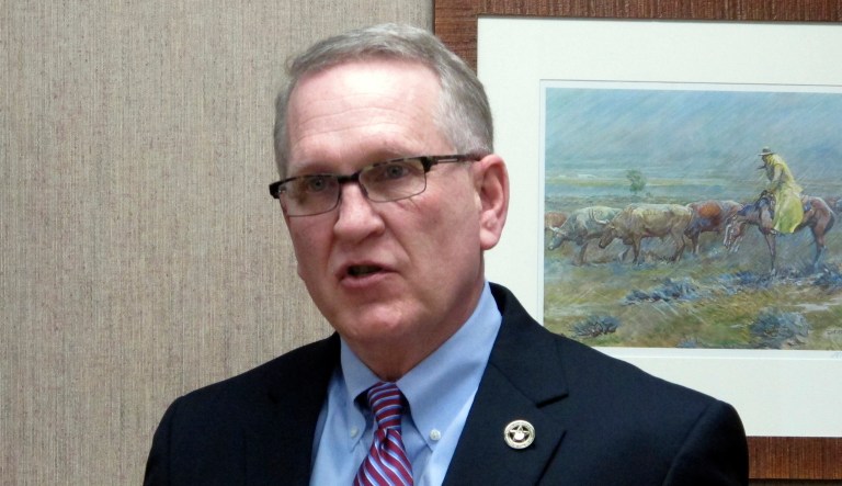 Montana Attorney General Tim Fox speaks in Helena, Mont.