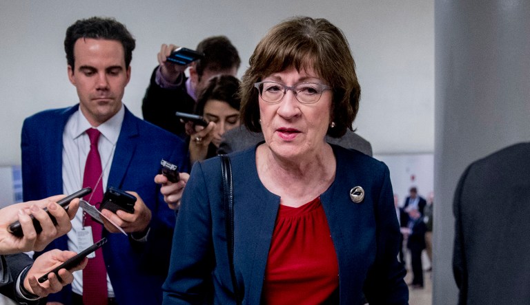 Sen. Susan Collins, R-Maine, speaks to reporters as she arrives at the U.S. Capitol building on Capitol Hill in Washington.