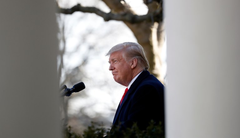 President Trump speaks in the Rose Garden of the White House, Friday, Jan 25, 2019, in Washington.