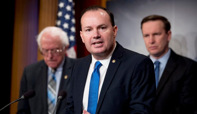 Sen. Mike Lee, R-Utah speaks at a news conference on Capitol Hill in Washington, Wednesday, Jan. 30, 2019, on a reintroduction of a resolution to end U.S. support for the Saudi-led war in Yemen. 