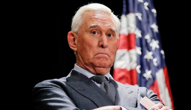 Roger Stone speaks to the media.